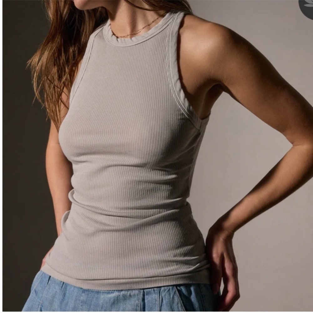 James Perse Womens High Neck Ribbed Cotton Tank Top Salt Pigment Grey 0 XS
